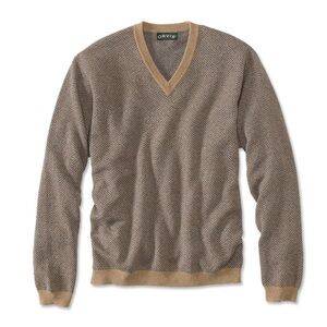 Orvis Men's Tan V-Neck herringbone 100% cashmere Sweater